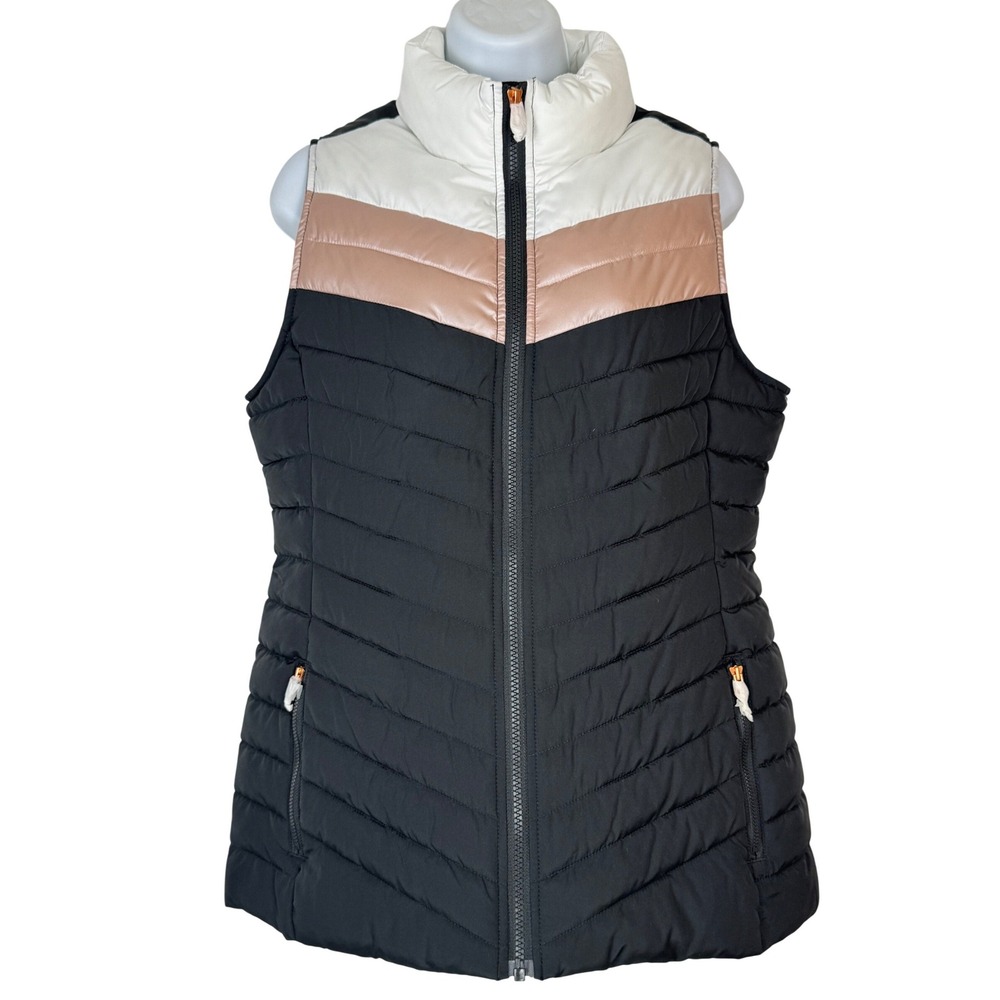 Maurices Puffer Vest Women Medium Black Rose Gold White Chevron Quilt Cozy